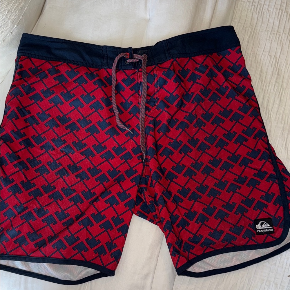 Quiksilver Navy and Red Patterned Board Shorts